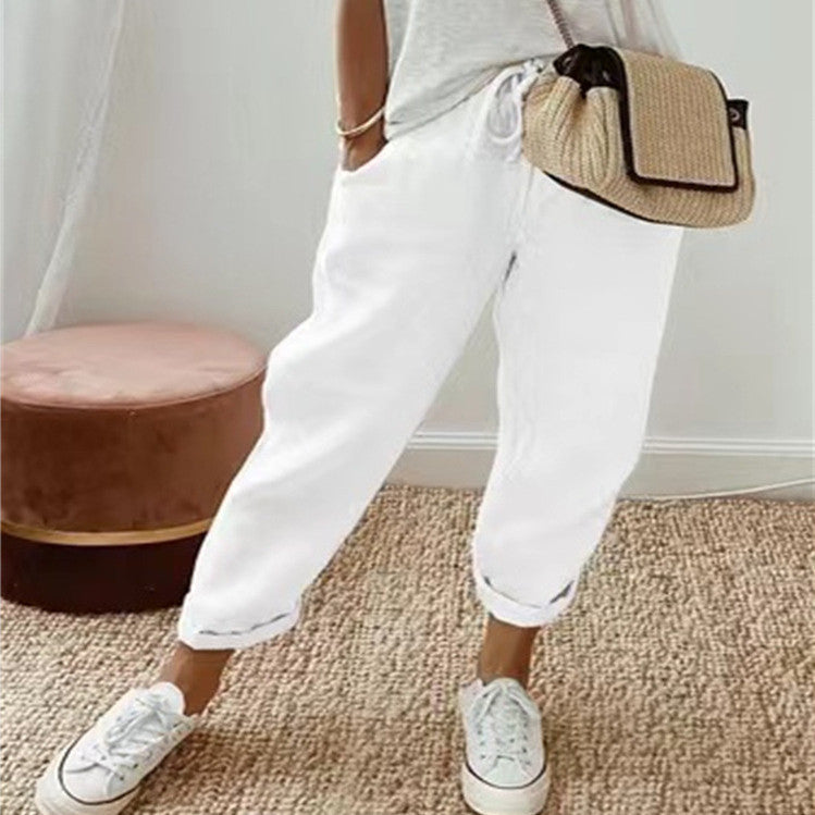 Pantalon décontracté en coton et lin pour femme – uni et stylé