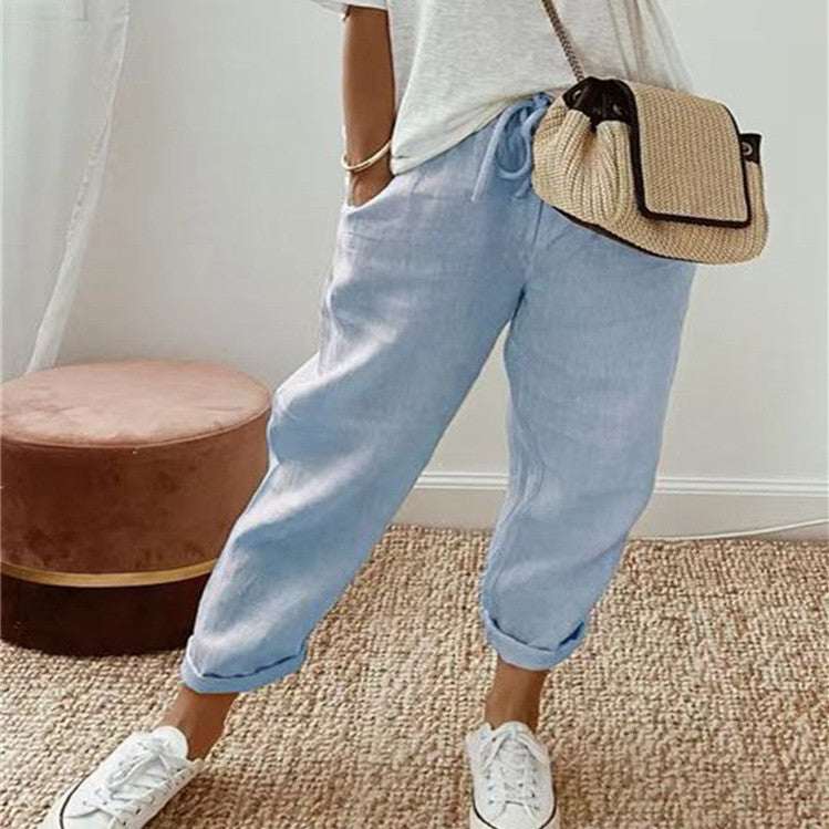 Pantalon décontracté en coton et lin pour femme – uni et stylé