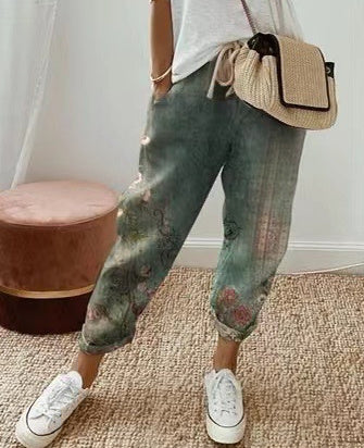 Pantalon décontracté en coton et lin pour femme – uni et stylé