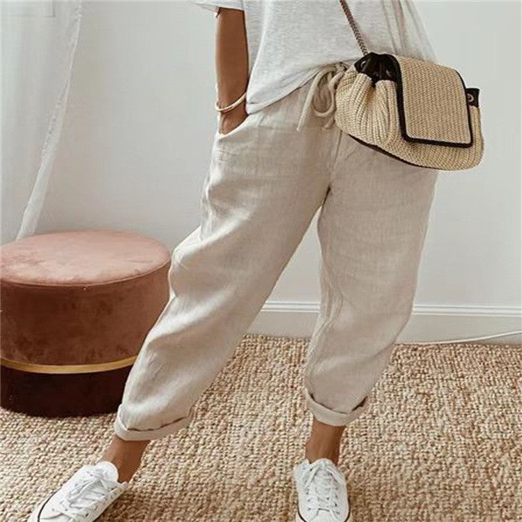 Pantalon décontracté en coton et lin pour femme – uni et stylé