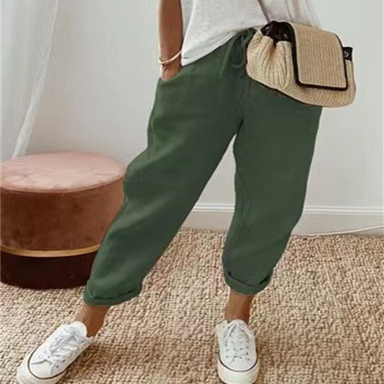 Pantalon décontracté en coton et lin pour femme – uni et stylé