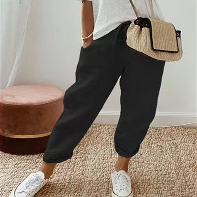 Pantalon décontracté en coton et lin pour femme – uni et stylé
